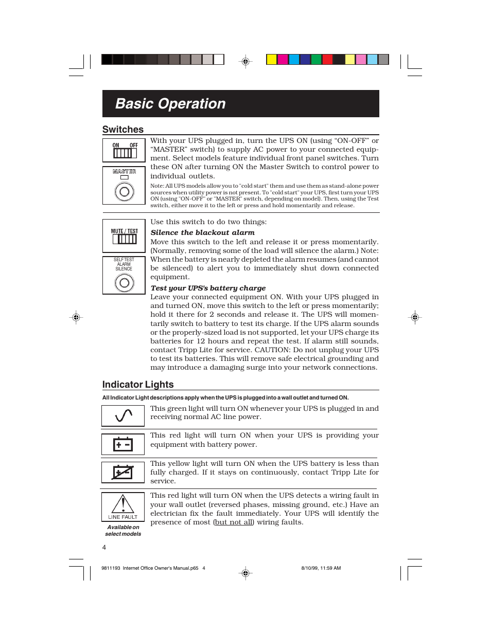 Basic operation, Switches, Indicator lights | Tripp Lite I User Manual | Page 4 / 20