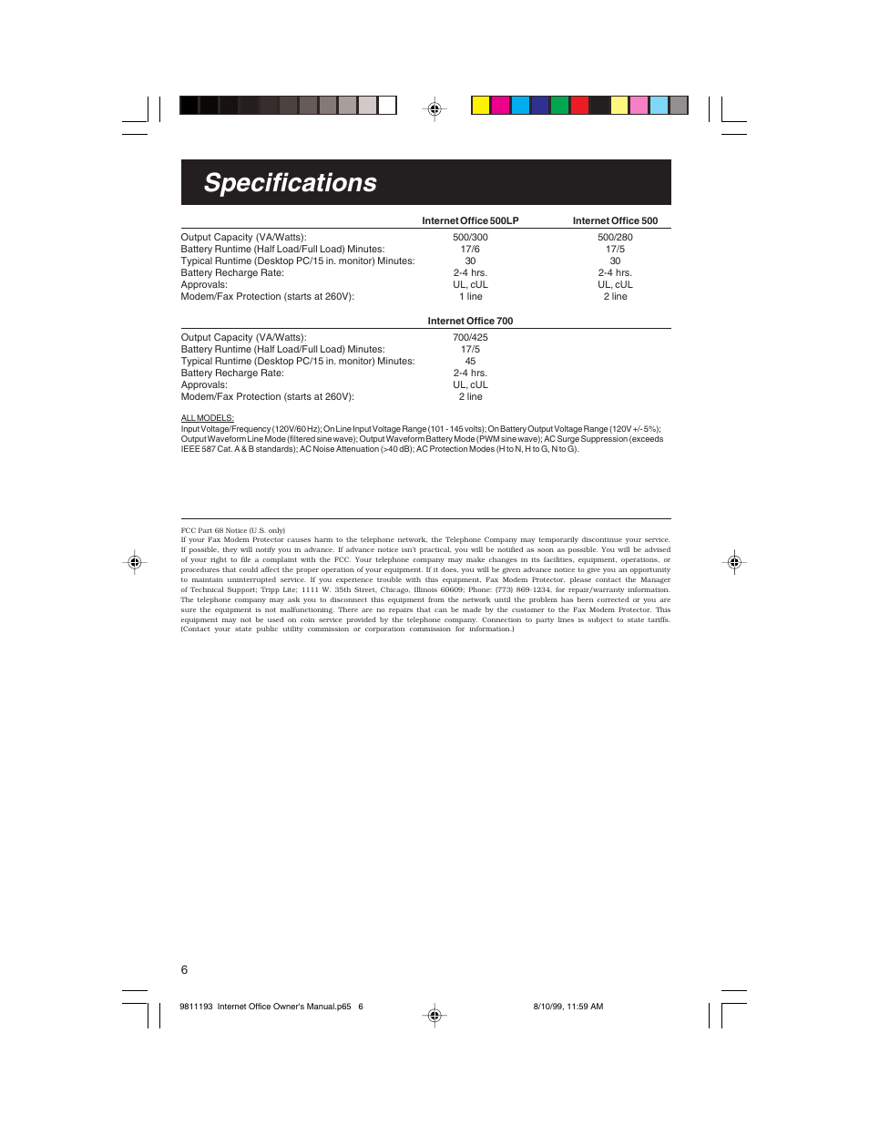 Specifications | Tripp Lite I User Manual | Page 6 / 20