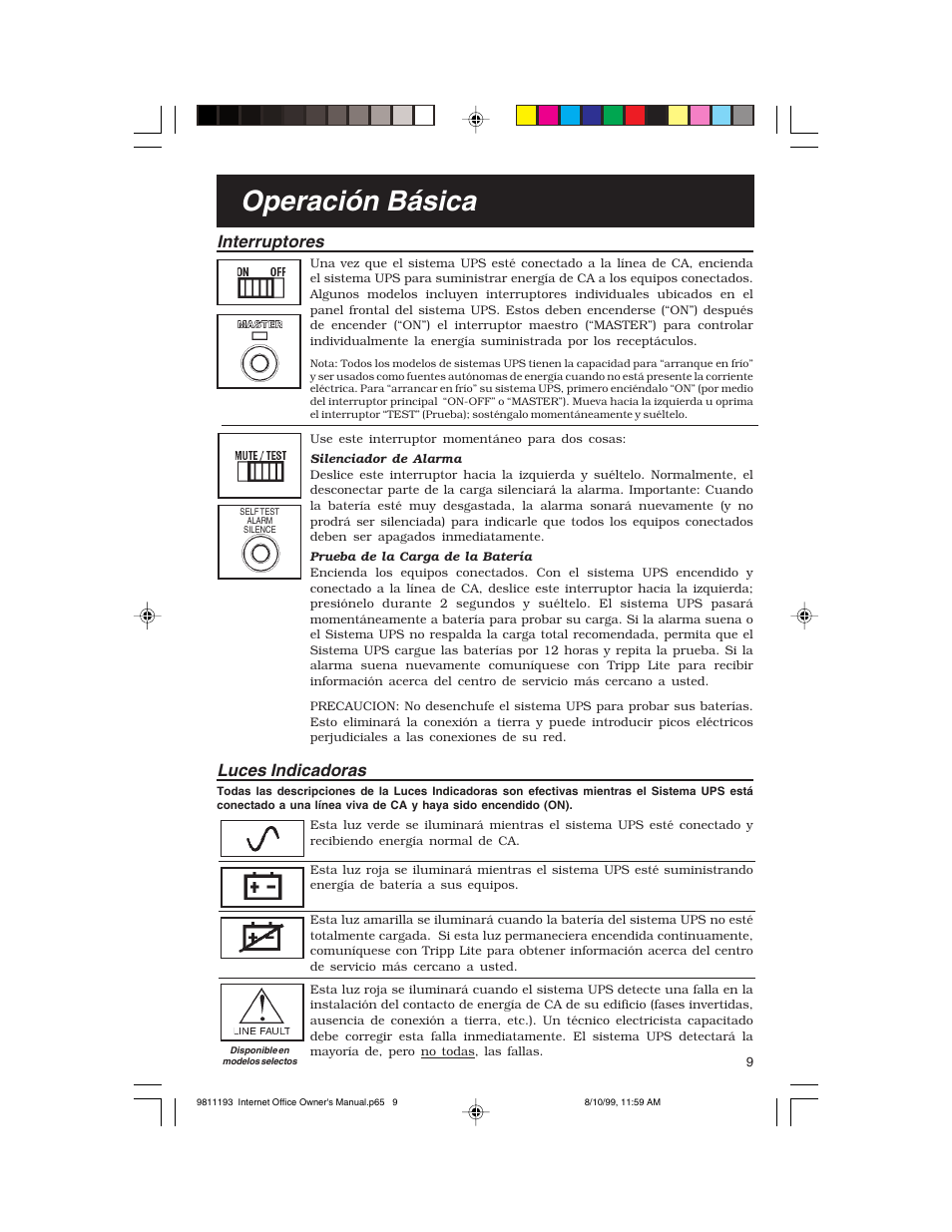 Operación básica, Interruptores, Luces indicadoras | Tripp Lite I User Manual | Page 9 / 20