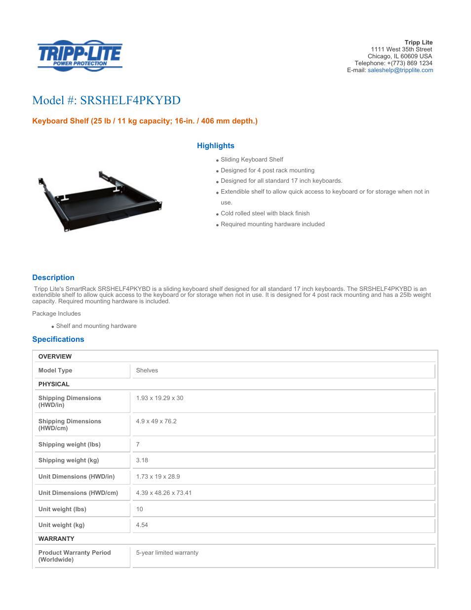 Tripp Lite SRSHELF4PKYBD User Manual | 2 pages