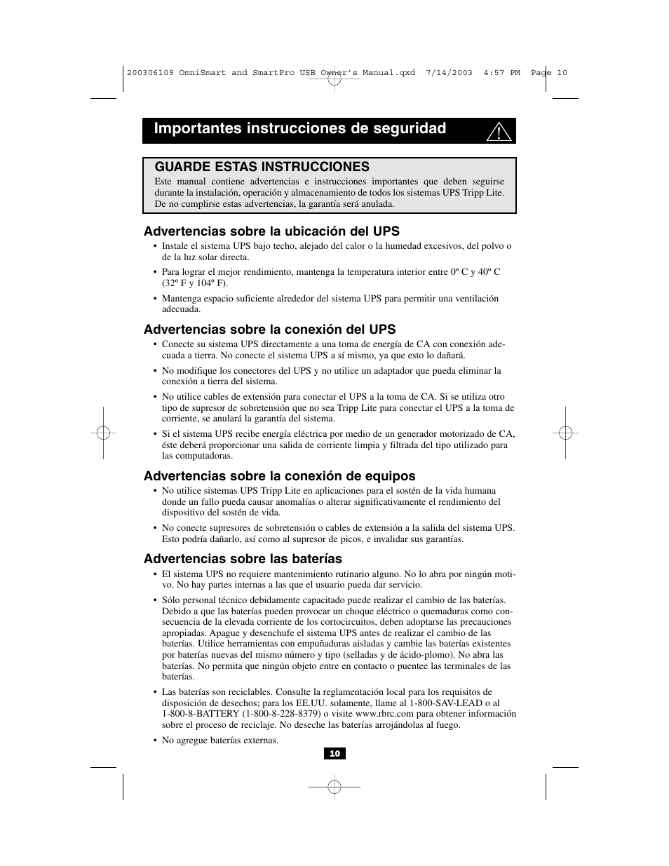 Importantes instrucciones de seguridad | Tripp Lite Full Isolation UPS Systems none User Manual | Page 10 / 24