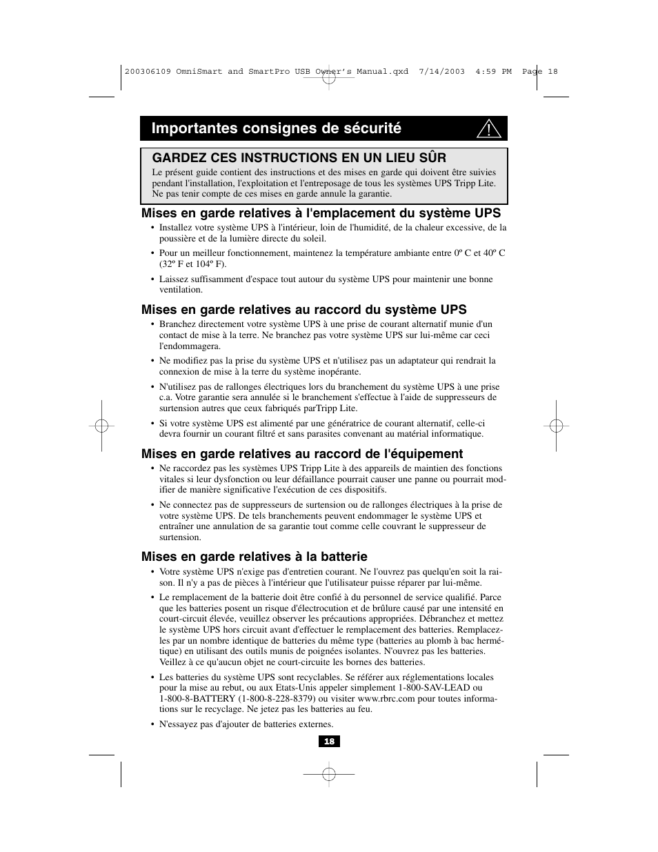 Importantes consignes de sécurité | Tripp Lite Full Isolation UPS Systems none User Manual | Page 18 / 24