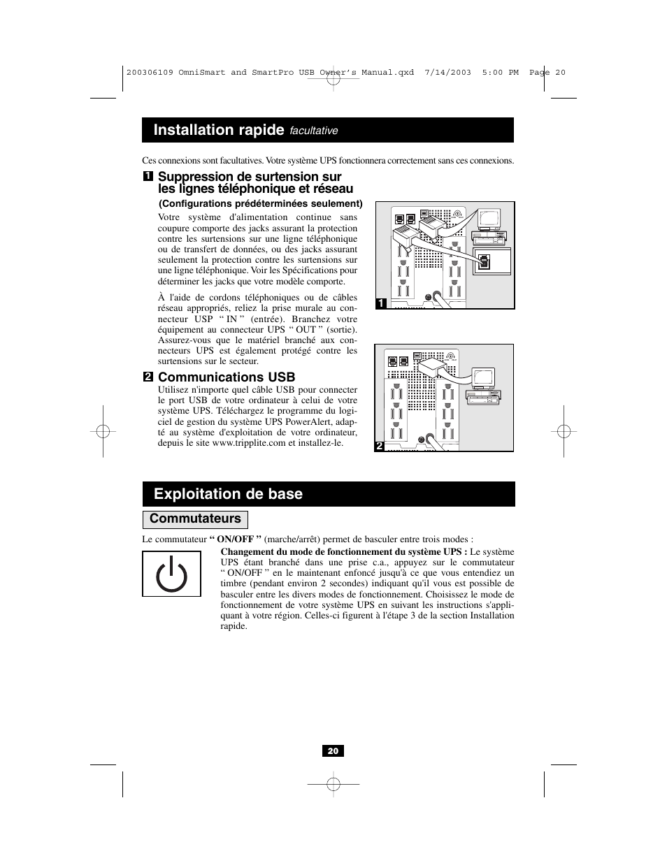 Exploitation de base, Installation rapide, Communications usb | Commutateurs | Tripp Lite Full Isolation UPS Systems none User Manual | Page 20 / 24