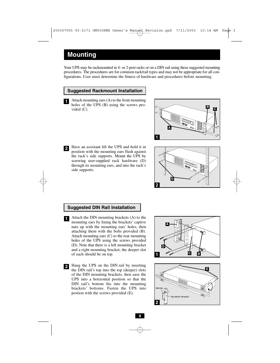 Mounting | Tripp Lite OmniSmart RMX 500 VA OM500RMX User Manual | Page 3 / 8