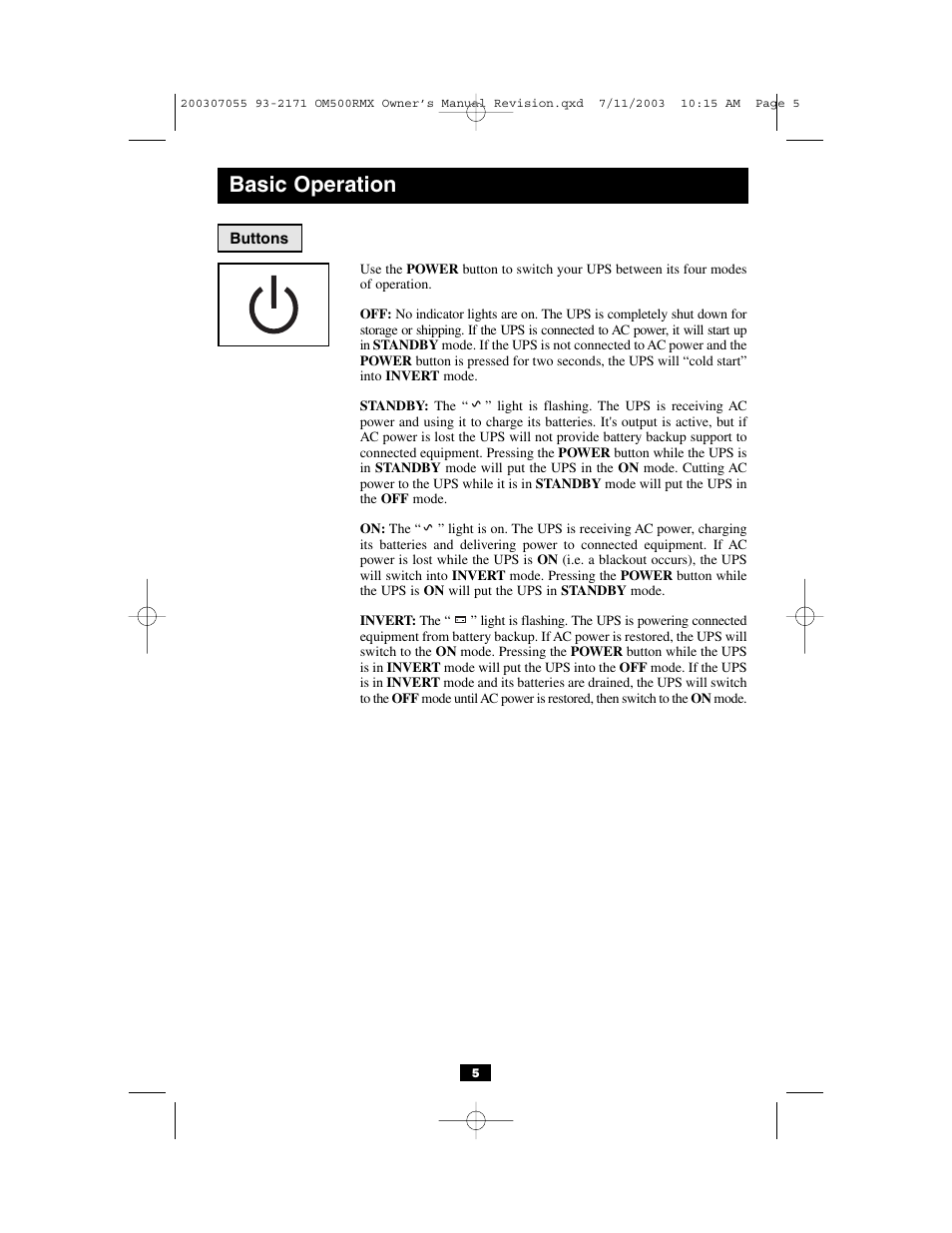 Basic operation | Tripp Lite OmniSmart RMX 500 VA OM500RMX User Manual | Page 5 / 8