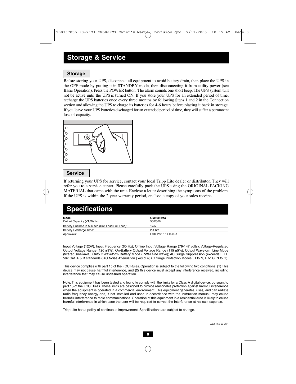 Storage & service, Specifications, Storage service | Tripp Lite OmniSmart RMX 500 VA OM500RMX User Manual | Page 8 / 8