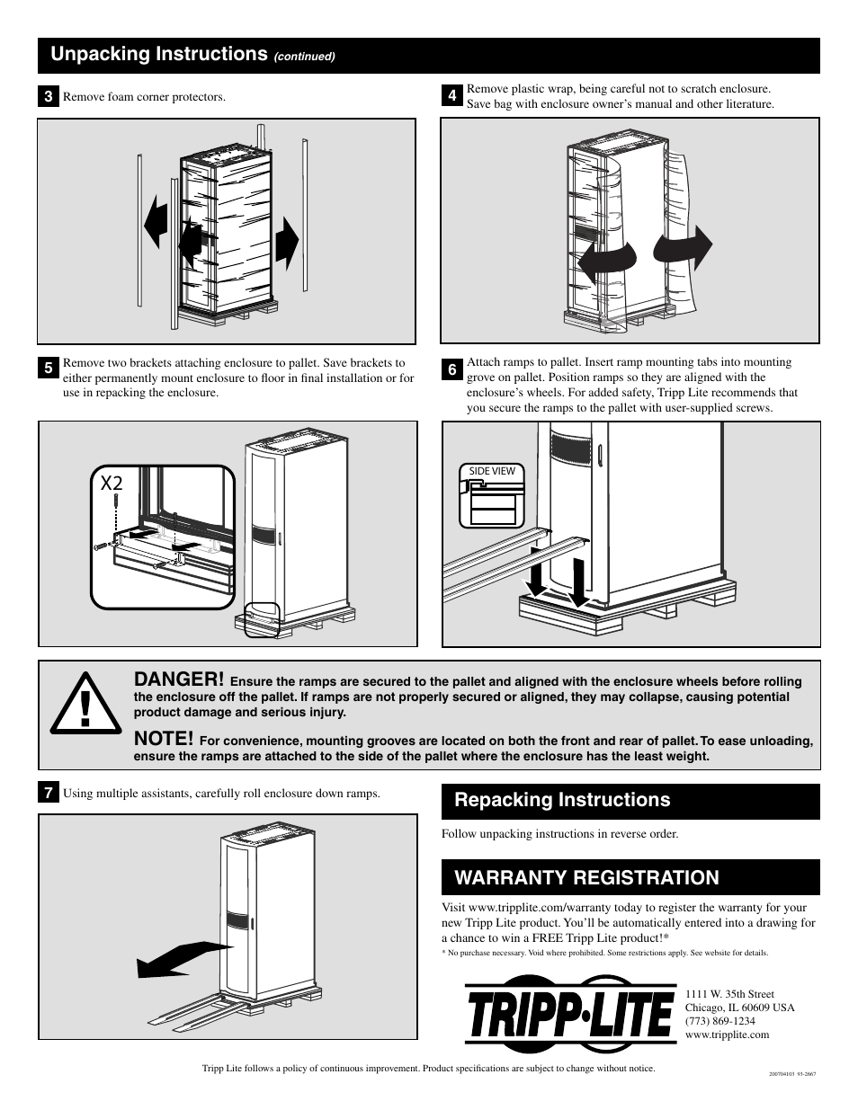 Unpacking instructions, Danger, Repacking instructions | Warranty registration | Tripp Lite SR25UBSP1 User Manual | Page 2 / 2