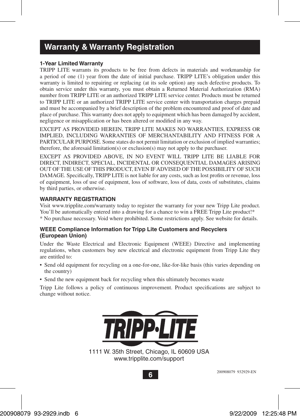 Warranty & warranty registration | Tripp Lite B130-101A-WP User Manual | Page 6 / 6