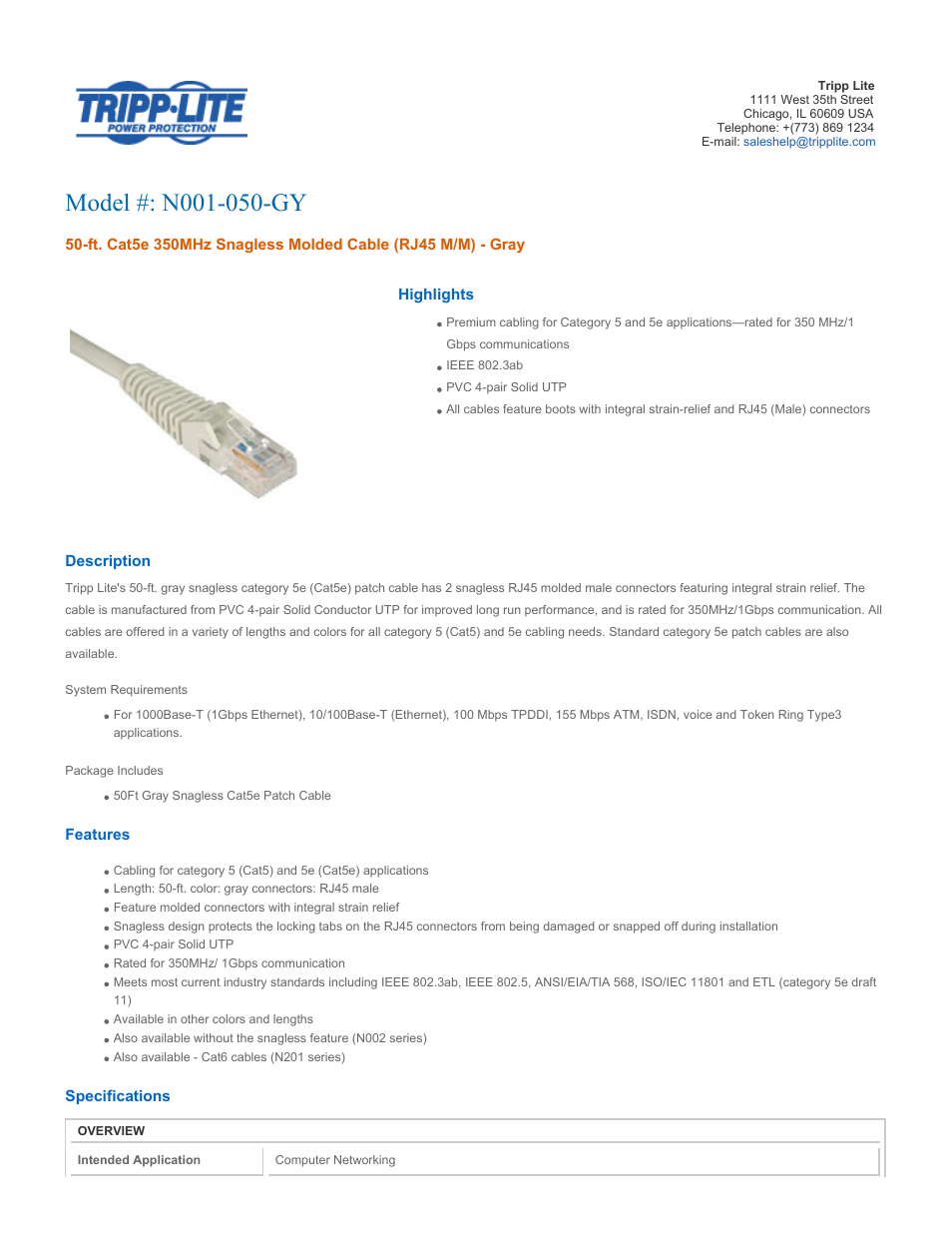 Tripp Lite Gray Snagless Cat5e Molded Patch Cable N001-050-GY User Manual | 3 pages