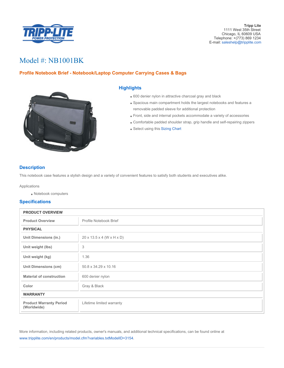 Tripp Lite NB1001BK User Manual | 2 pages