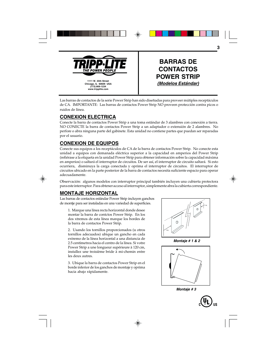 Barras de contactos power strip, Conexion electrica, Conexion de equipos | Montaje horizontal | Tripp Lite 93-1990 (200108029) User Manual | Page 3 / 5