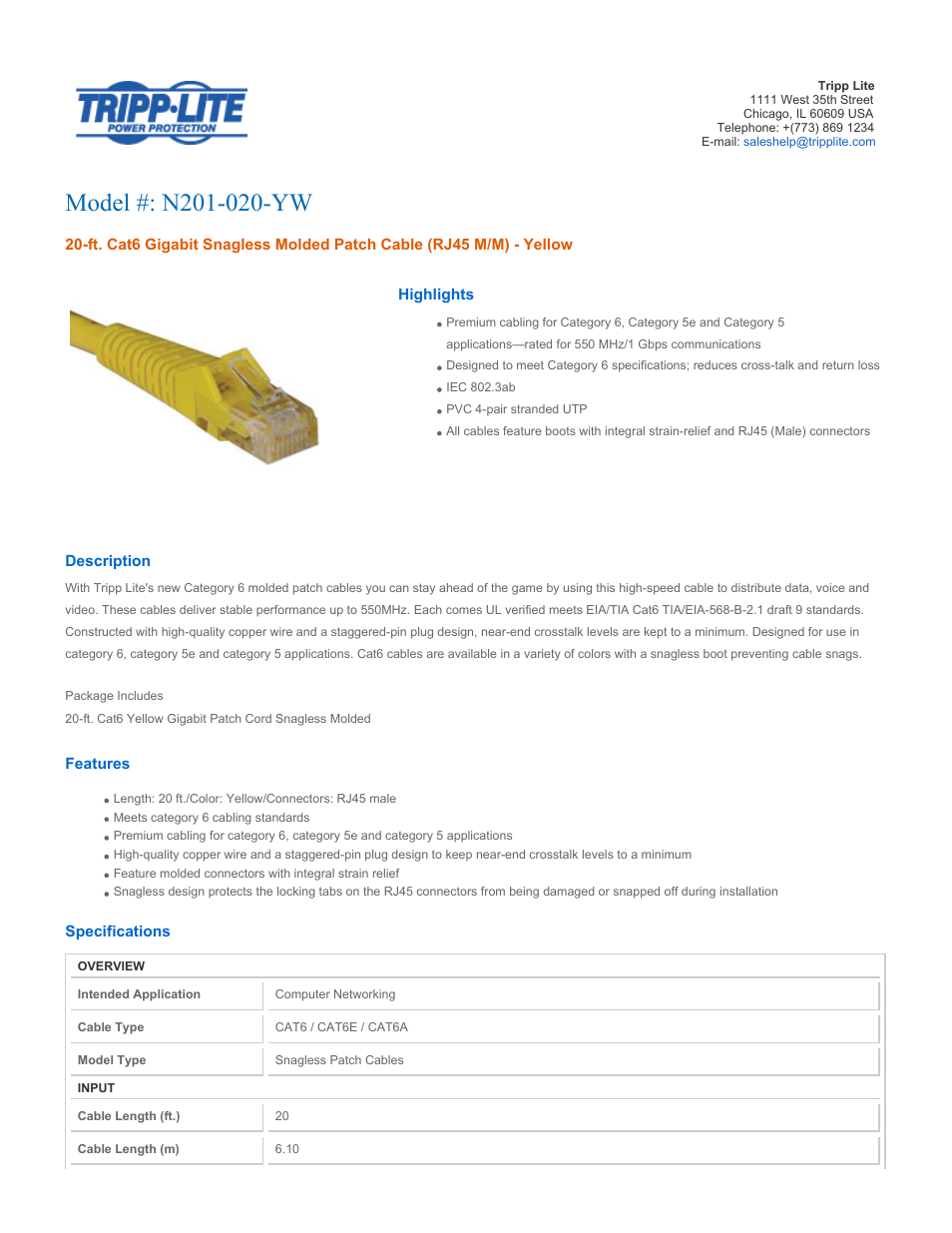Tripp Lite Yellow Cat6 Snagless Patch Cable N201-020-YW User Manual | 2 pages