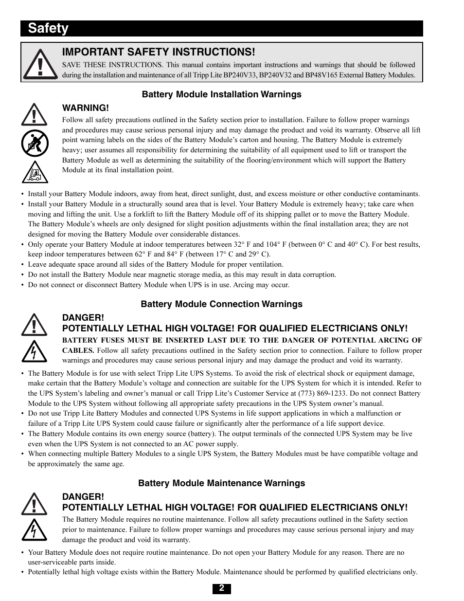 Safety, Important safety instructions | Tripp Lite BP48V165 User Manual | Page 2 / 9