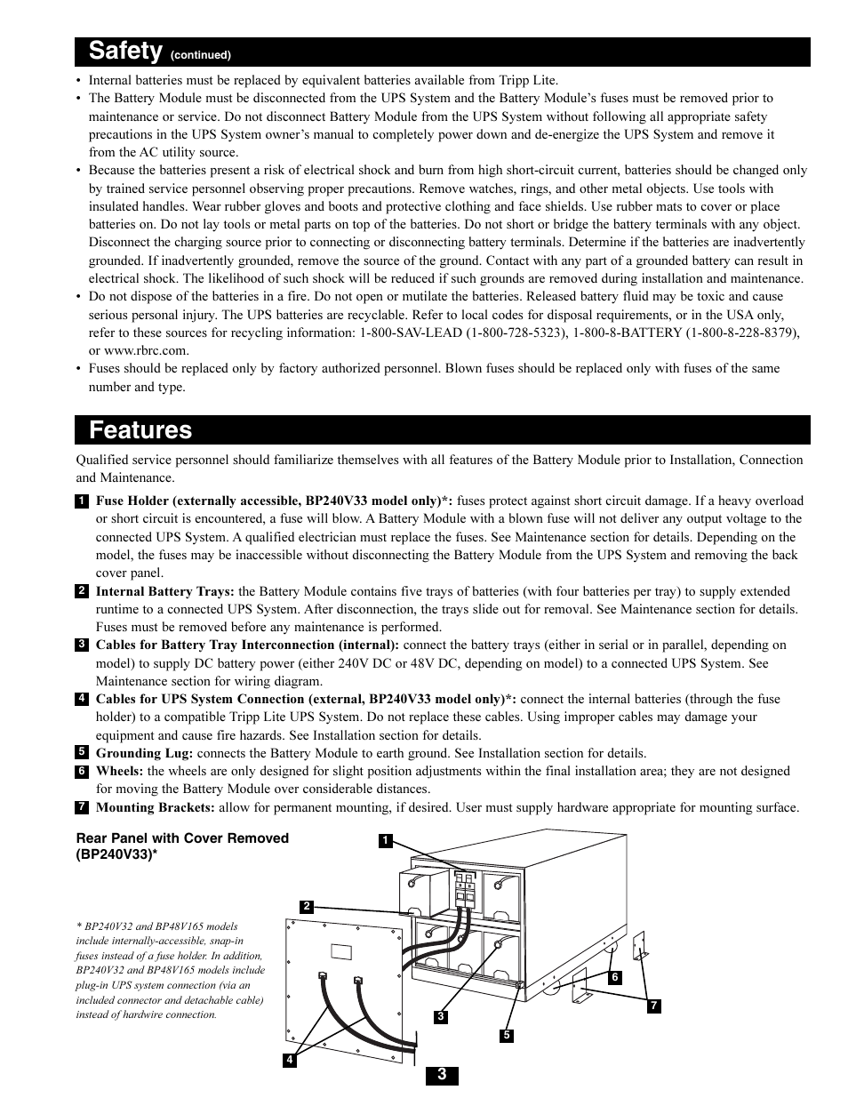 Features, Safety | Tripp Lite BP48V165 User Manual | Page 3 / 9