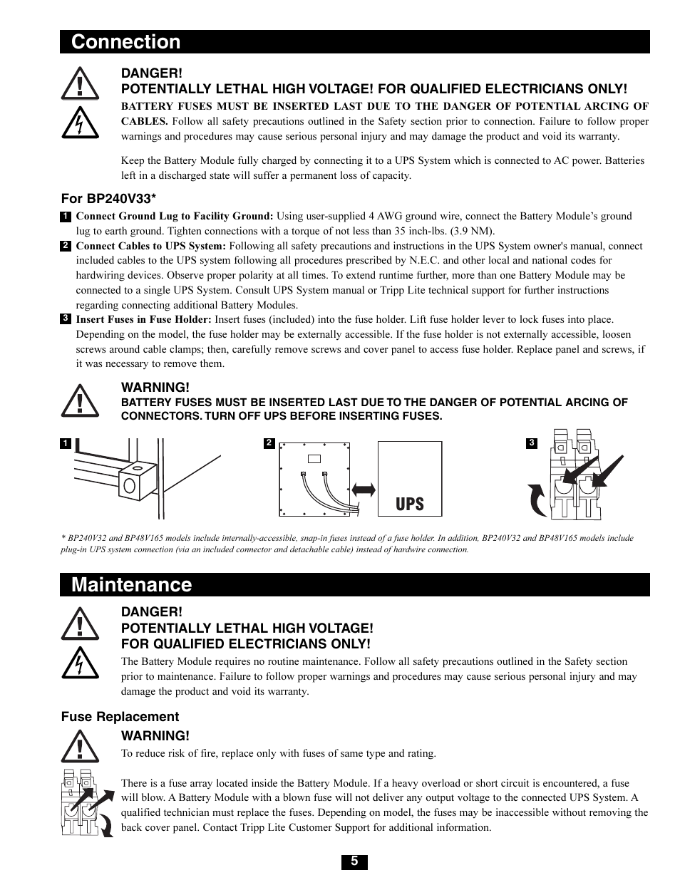 Connection, Maintenance | Tripp Lite BP48V165 User Manual | Page 5 / 9