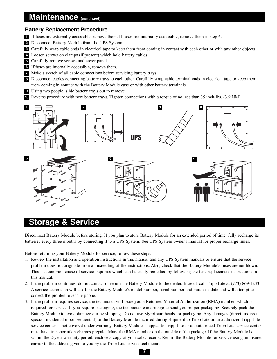 Maintenance, Storage & service, Battery replacement procedure | Tripp Lite BP48V165 User Manual | Page 7 / 9