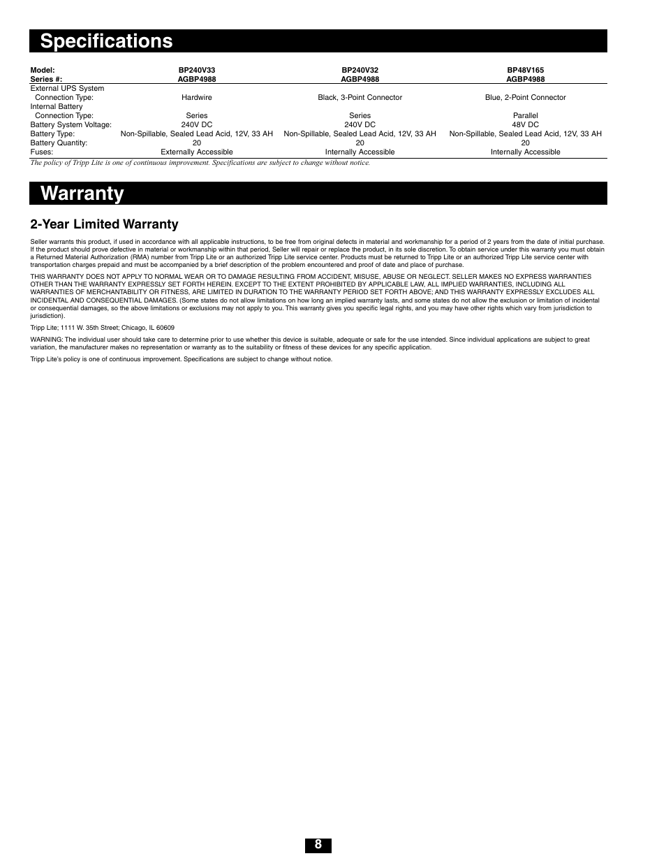 Specifications, Warranty, Year limited warranty | Tripp Lite BP48V165 User Manual | Page 8 / 9