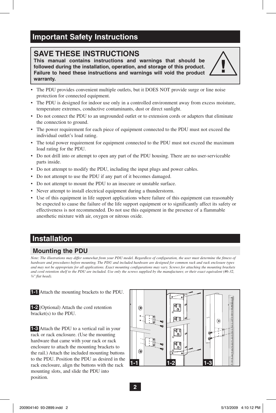 Save these instructions, Important safety instructions installation | Tripp Lite 93-2899 User Manual | Page 2 / 9