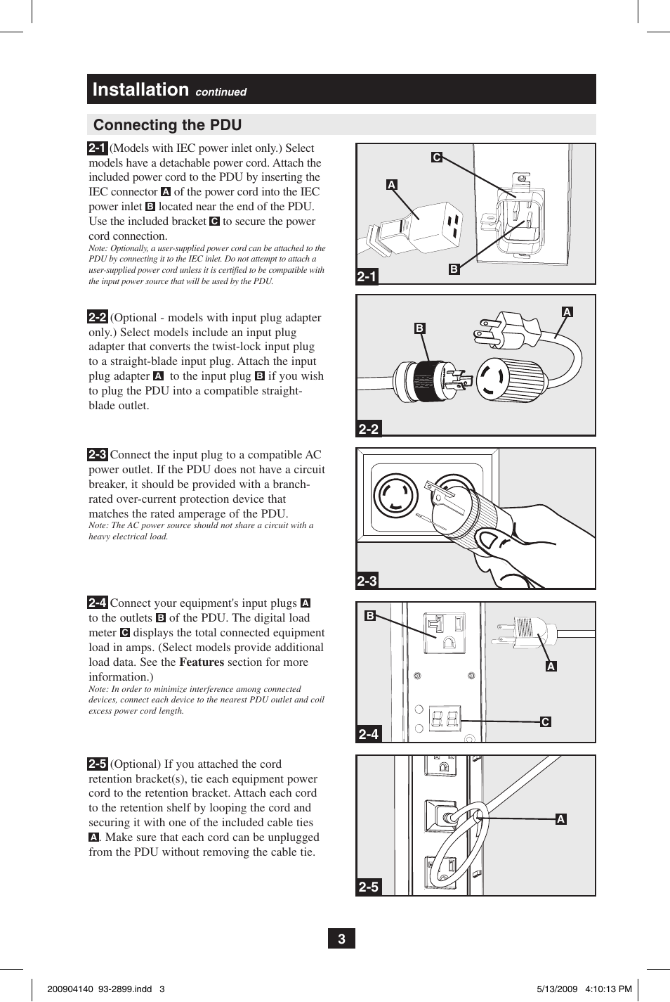Installation, Connecting the pdu | Tripp Lite 93-2899 User Manual | Page 3 / 9
