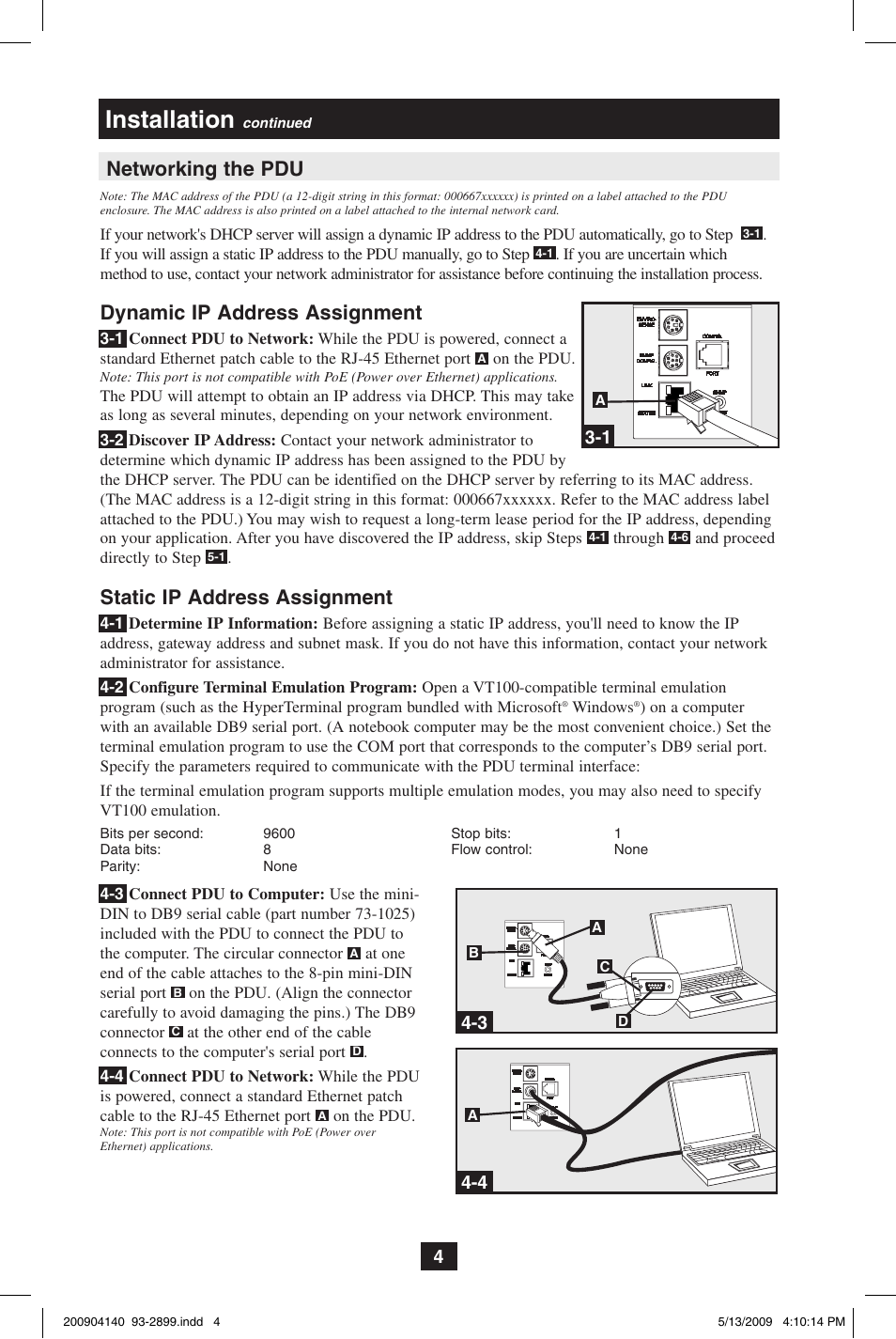 Installation, Networking the pdu, Dynamic ip address assignment | Static ip address assignment | Tripp Lite 93-2899 User Manual | Page 4 / 9