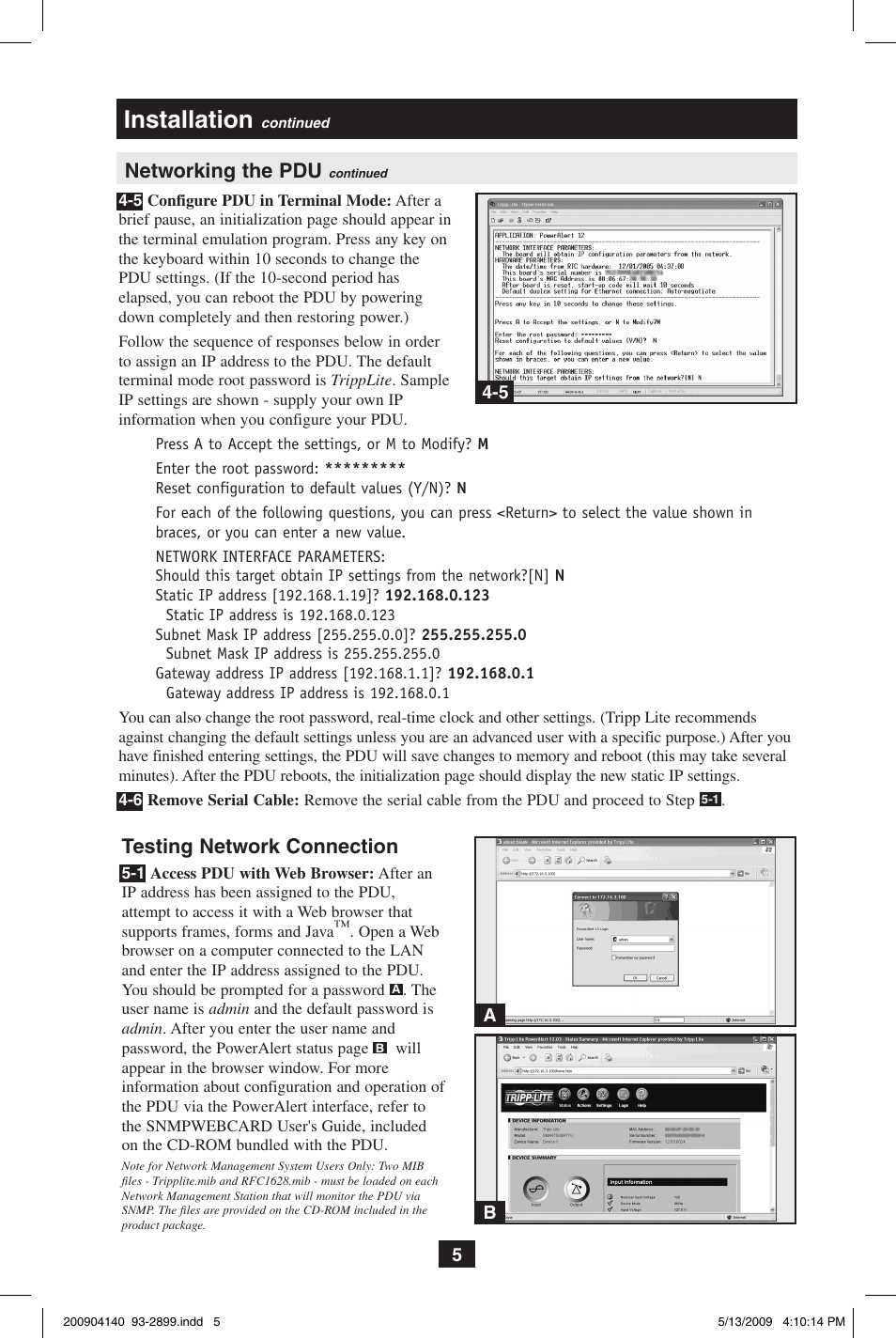 Installation, Networking the pdu, Testing network connection | Tripp Lite 93-2899 User Manual | Page 5 / 9