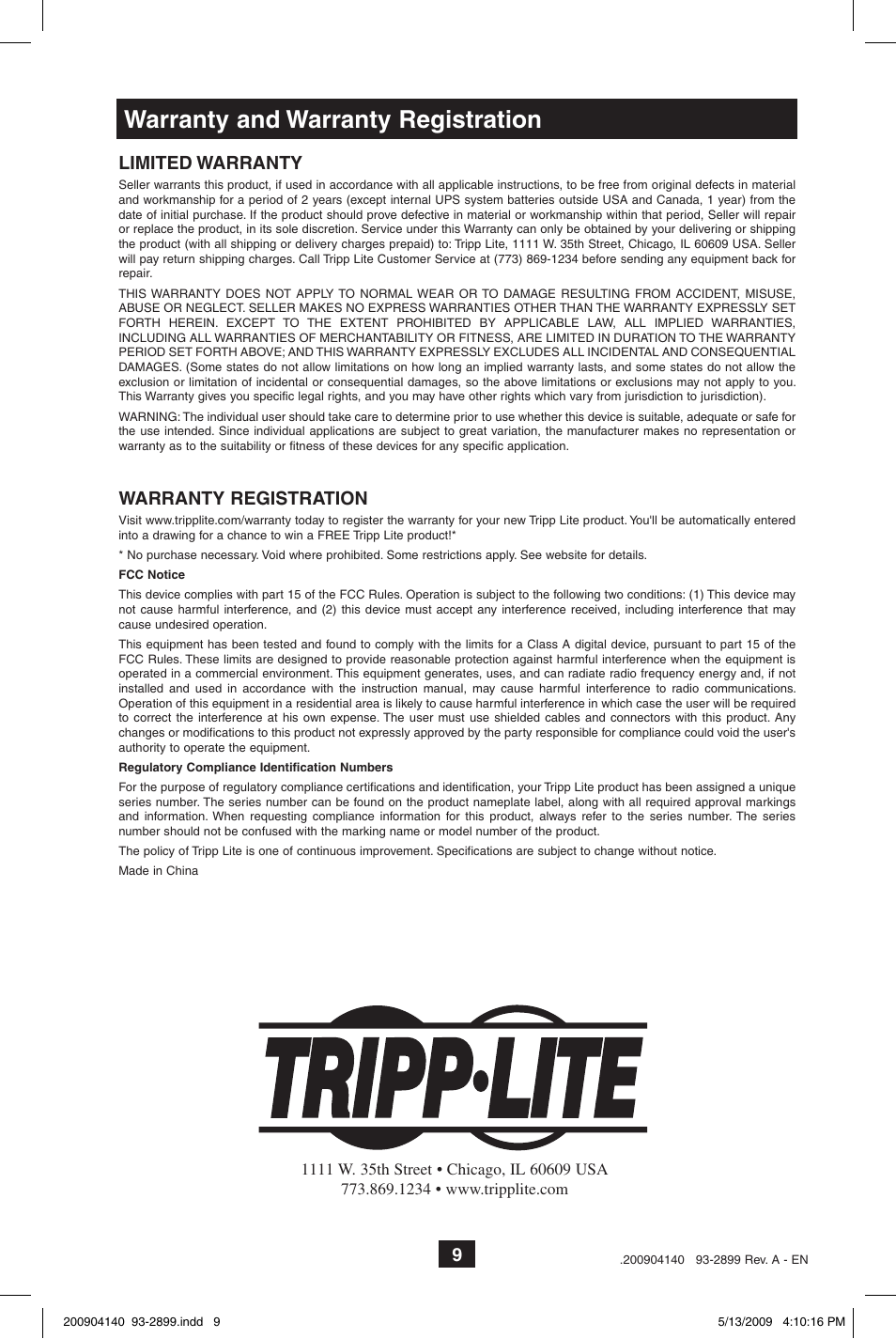 Warranty and warranty registration | Tripp Lite 93-2899 User Manual | Page 9 / 9