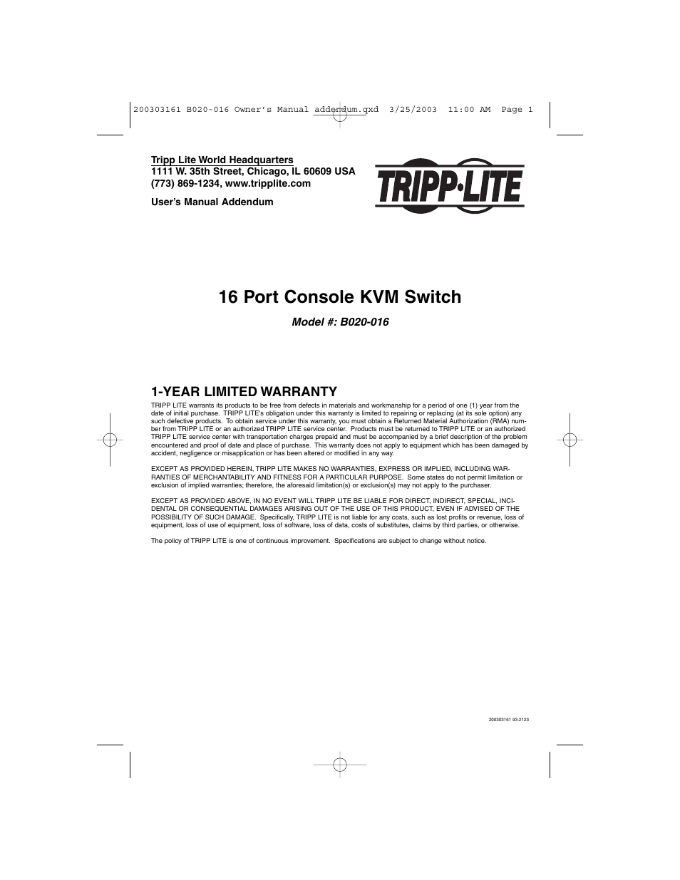 Tripp Lite B020-016 User Manual | 1 page