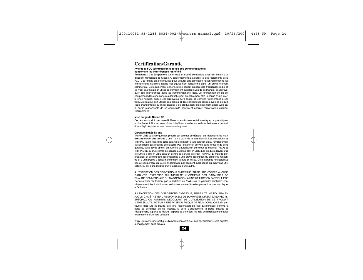 Certification/garantie | Tripp Lite B034-002-R User Manual | Page 13 / 13