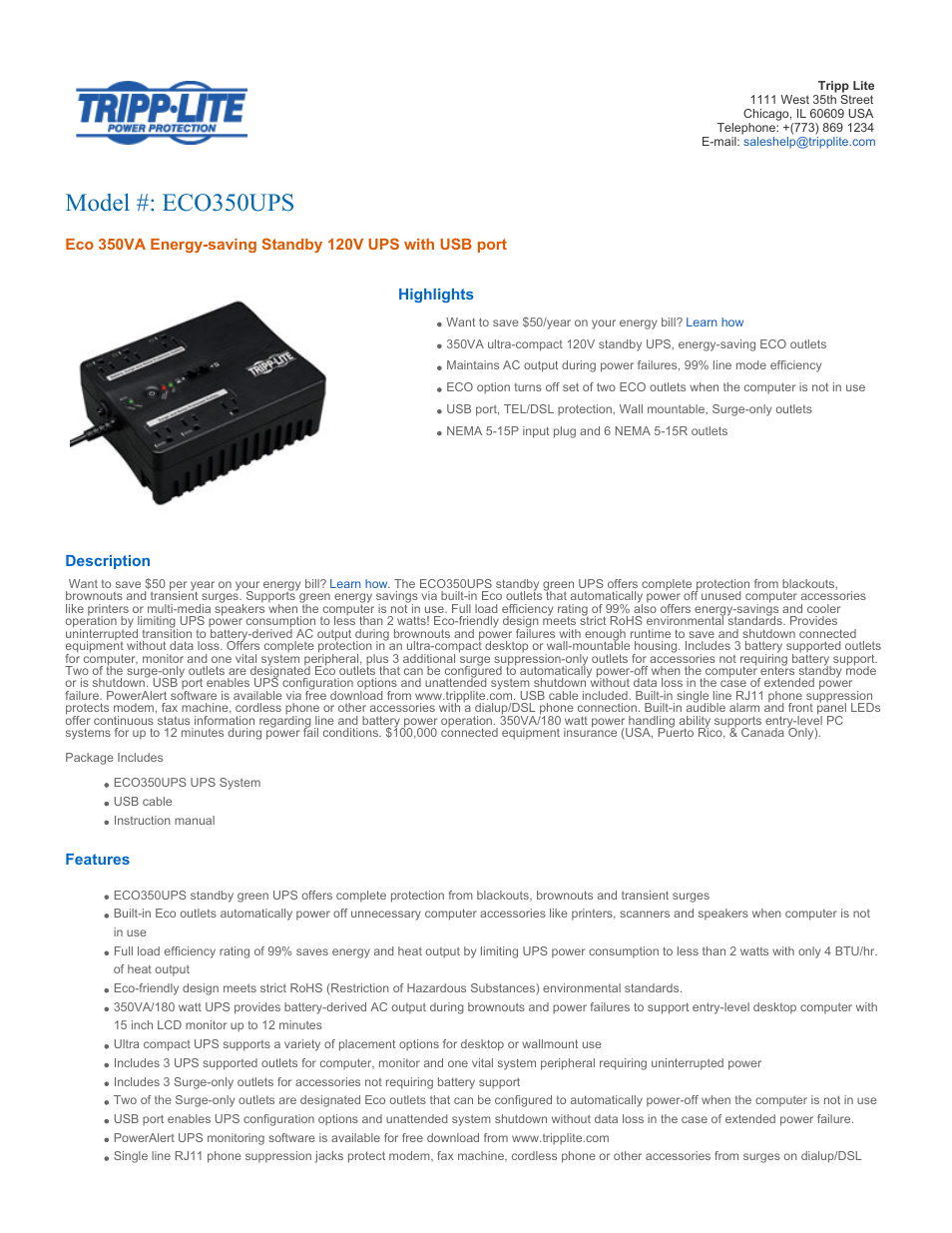 Tripp Lite ECO350UPS User Manual | 4 pages