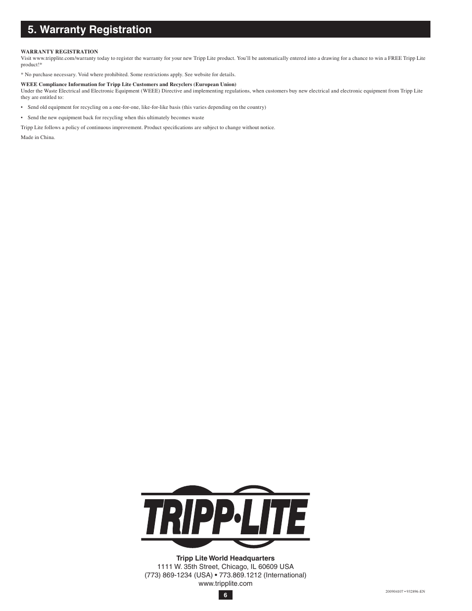 Warranty registration | Tripp Lite U232-006 User Manual | Page 6 / 6