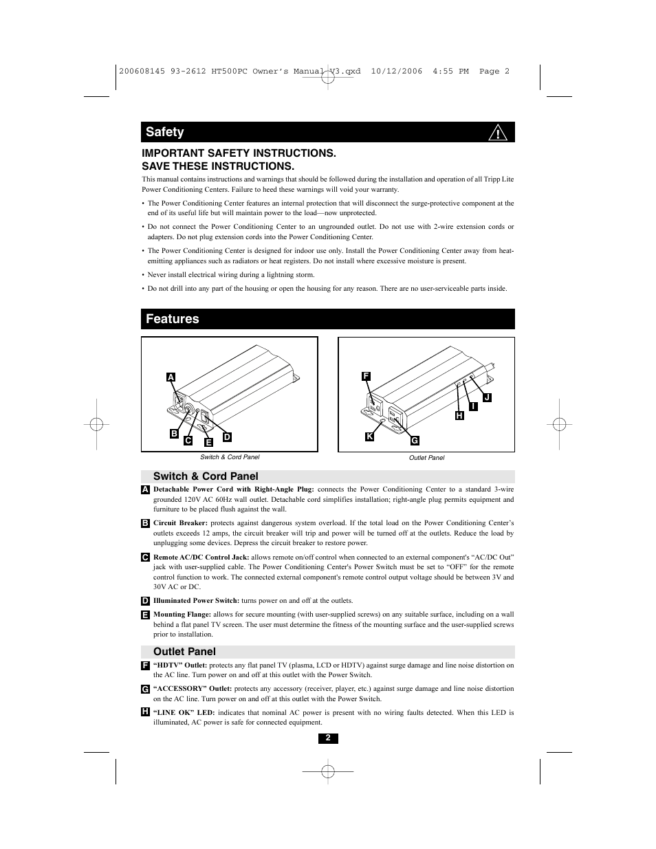 Safety, Features | Tripp Lite isobar HT500PC User Manual | Page 2 / 5