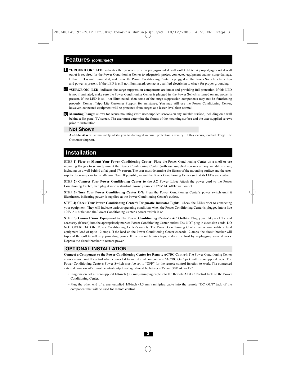 Features, Installation | Tripp Lite isobar HT500PC User Manual | Page 3 / 5