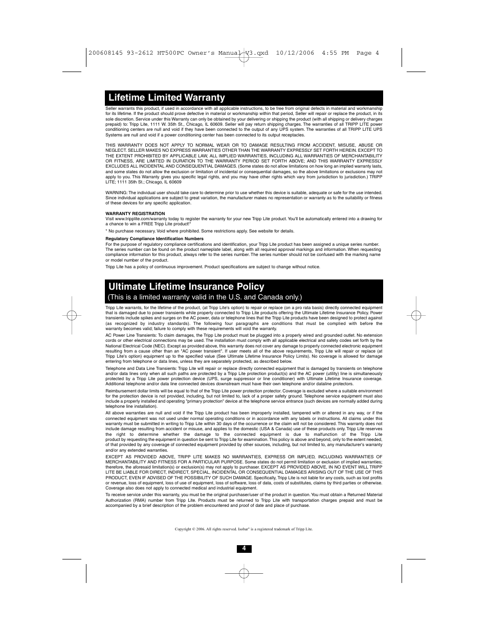 Lifetime limited warranty, Ultimate lifetime insurance policy | Tripp Lite isobar HT500PC User Manual | Page 4 / 5