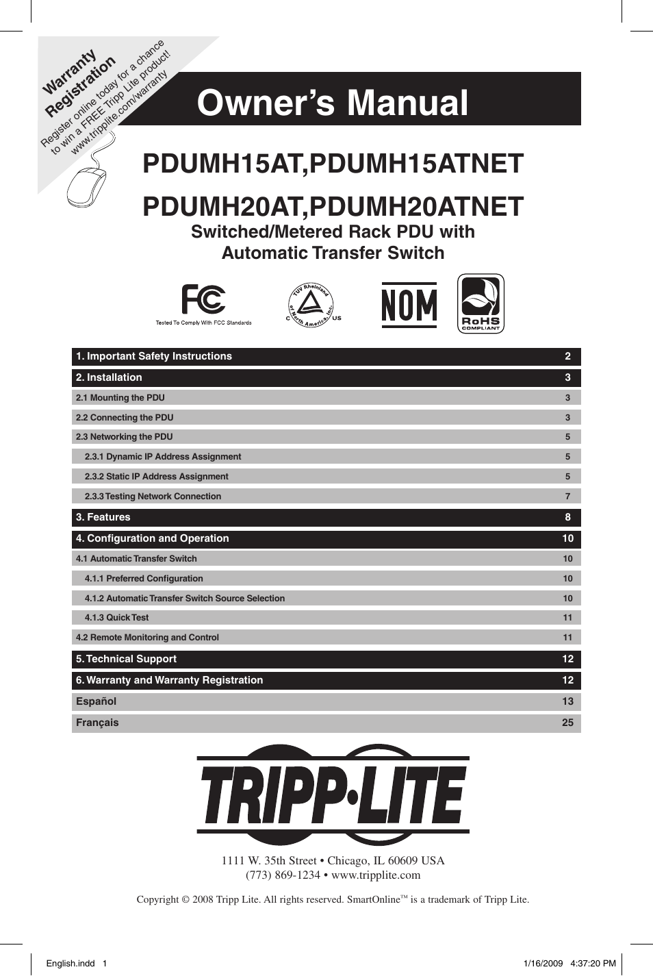 Tripp Lite PDUMH20ATNET User Manual | 12 pages