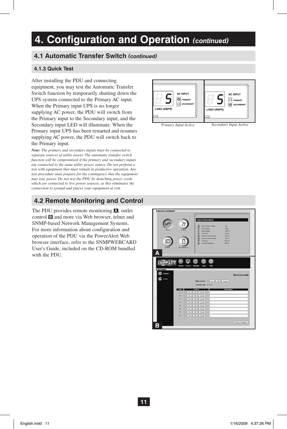 Configuration and operation, 2 remote monitoring and control, Continued) 4.1 automatic transfer switch | Tripp Lite PDUMH20ATNET User Manual | Page 11 / 12
