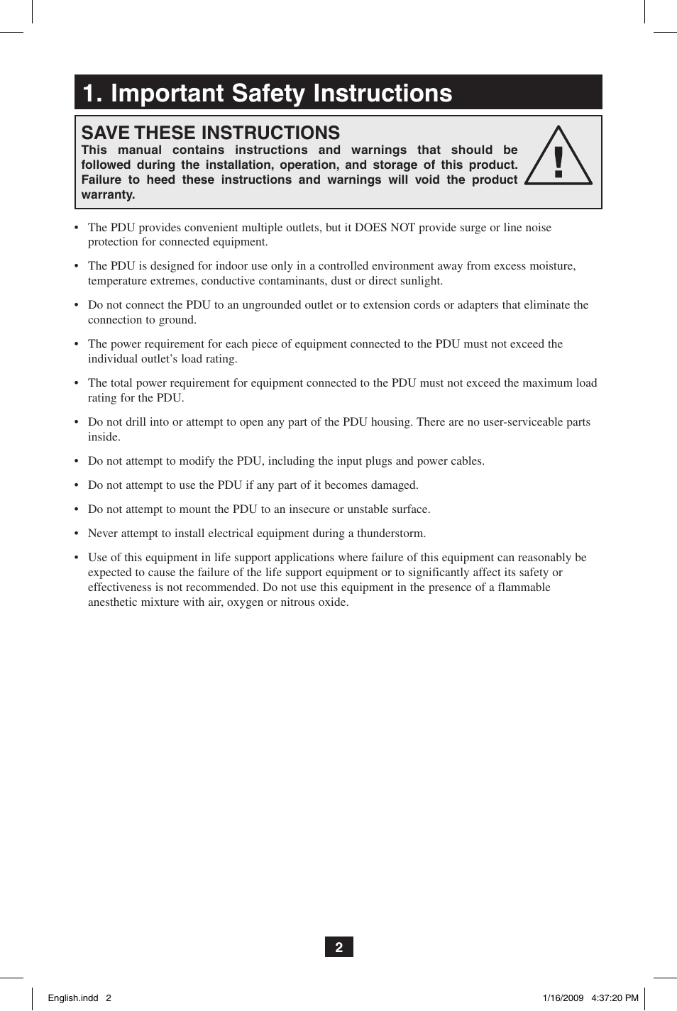 Important safety instructions, Save these instructions | Tripp Lite PDUMH20ATNET User Manual | Page 2 / 12
