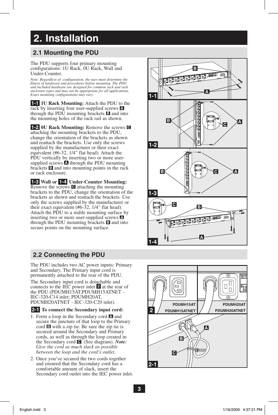 Installation, 1 mounting the pdu 2.2 connecting the pdu | Tripp Lite PDUMH20ATNET User Manual | Page 3 / 12