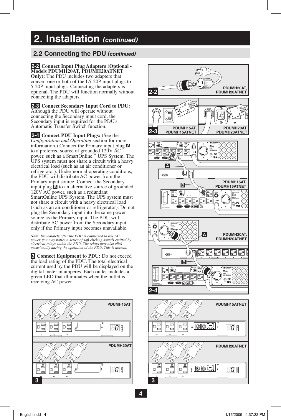 Installation, Continued) 2.2 connecting the pdu | Tripp Lite PDUMH20ATNET User Manual | Page 4 / 12