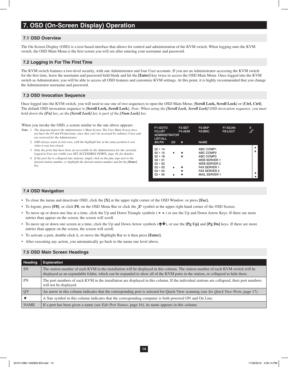 Osd (on-screen display) operation | Tripp Lite RACKMOUNT B020-U16-19-K User Manual | Page 14 / 22