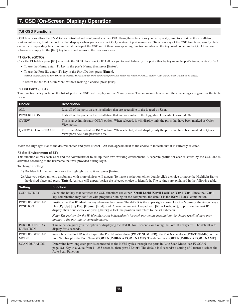 Osd (on-screen display) operation | Tripp Lite RACKMOUNT B020-U16-19-K User Manual | Page 15 / 22