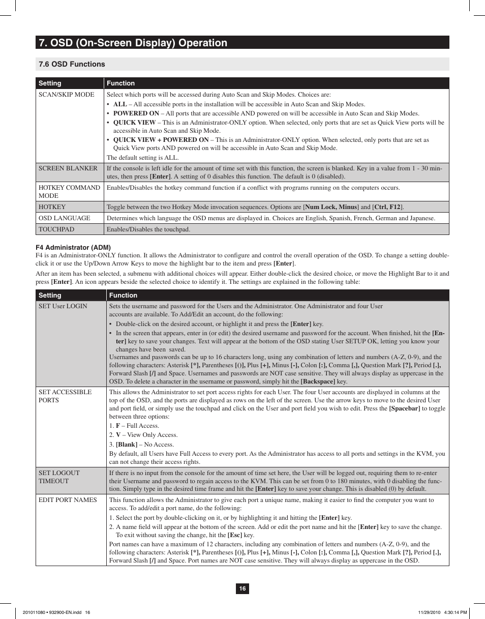 Osd (on-screen display) operation | Tripp Lite RACKMOUNT B020-U16-19-K User Manual | Page 16 / 22