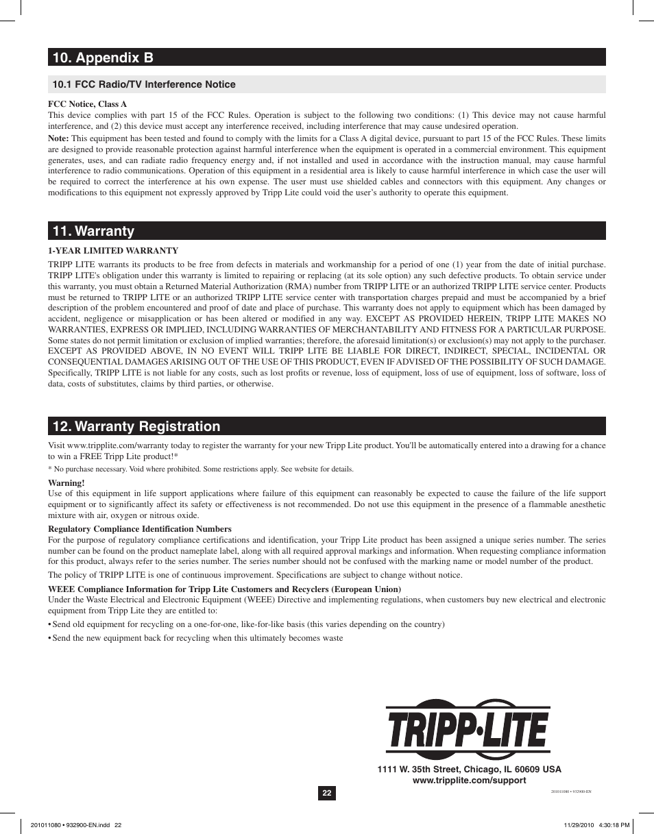 Appendix b 11. warranty 12. warranty registration | Tripp Lite RACKMOUNT B020-U16-19-K User Manual | Page 22 / 22