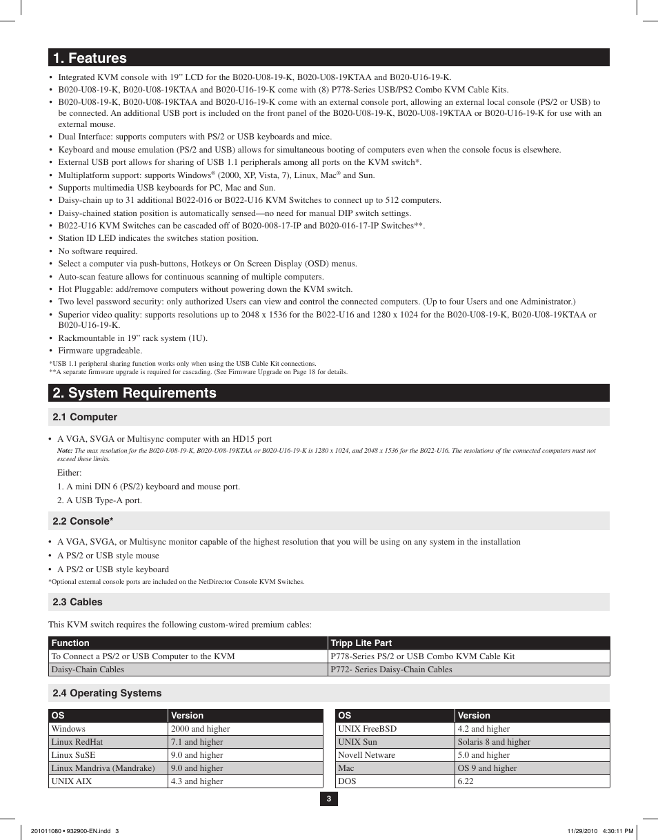 Features, System requirements | Tripp Lite RACKMOUNT B020-U16-19-K User Manual | Page 3 / 22