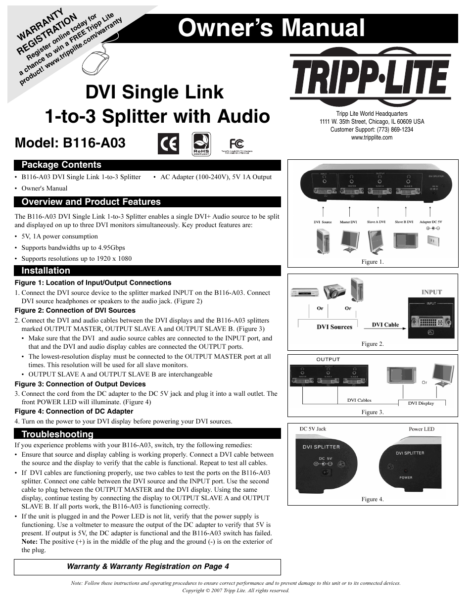 Tripp Lite DVI Video Splitter/Booster w/Audio B116-A03 User Manual | 5 pages