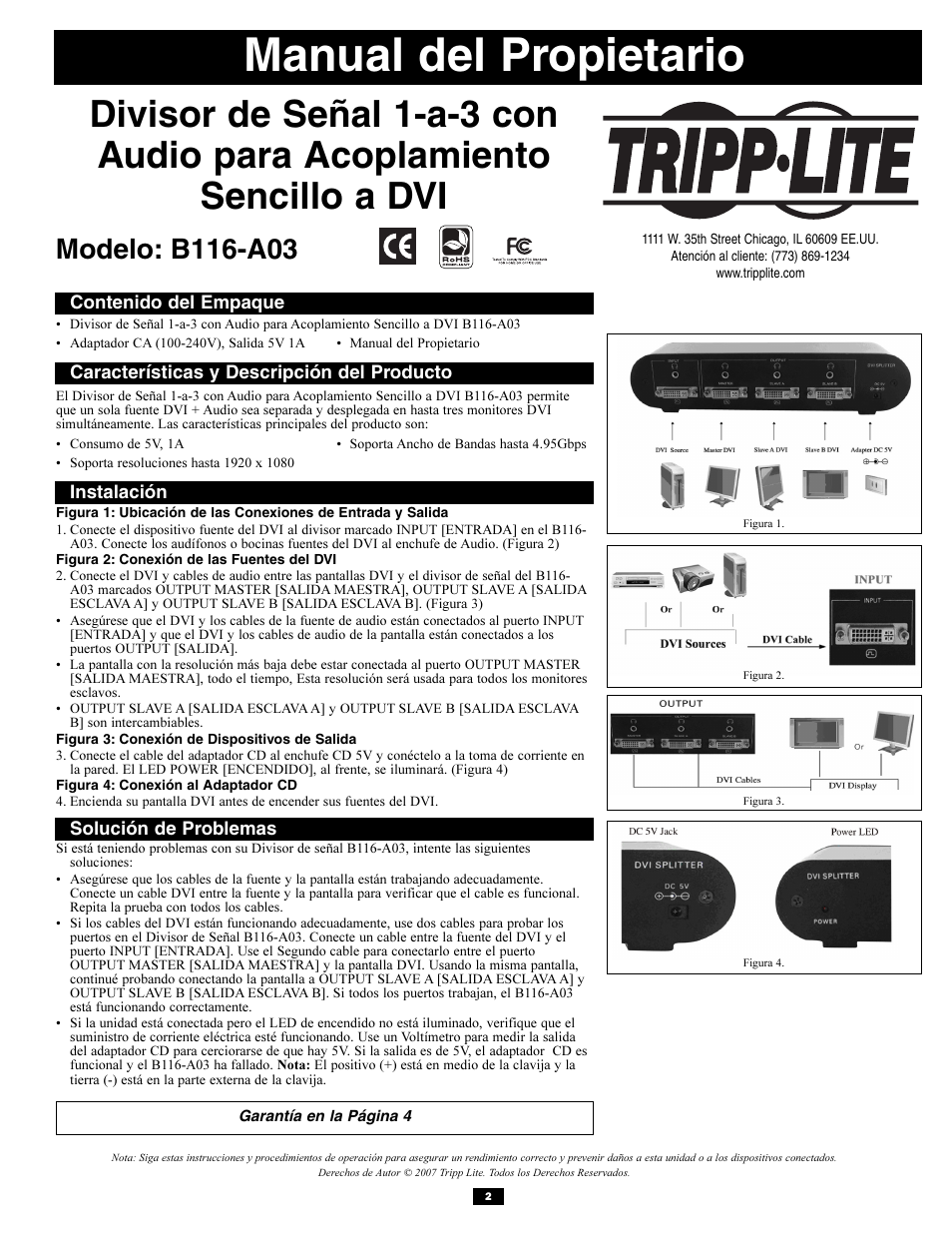 Manual del propietario | Tripp Lite DVI Video Splitter/Booster w/Audio B116-A03 User Manual | Page 2 / 5