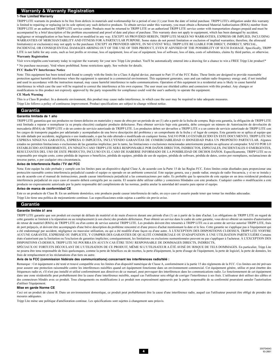 Garantie, Warranty & warranty registration, Garantía | Tripp Lite DVI Video Splitter/Booster w/Audio B116-A03 User Manual | Page 4 / 5