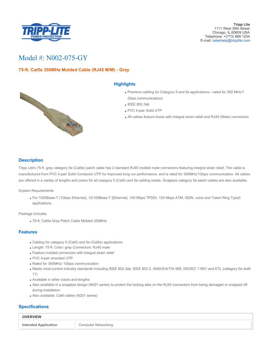 Tripp Lite N002-075-GY User Manual | 3 pages