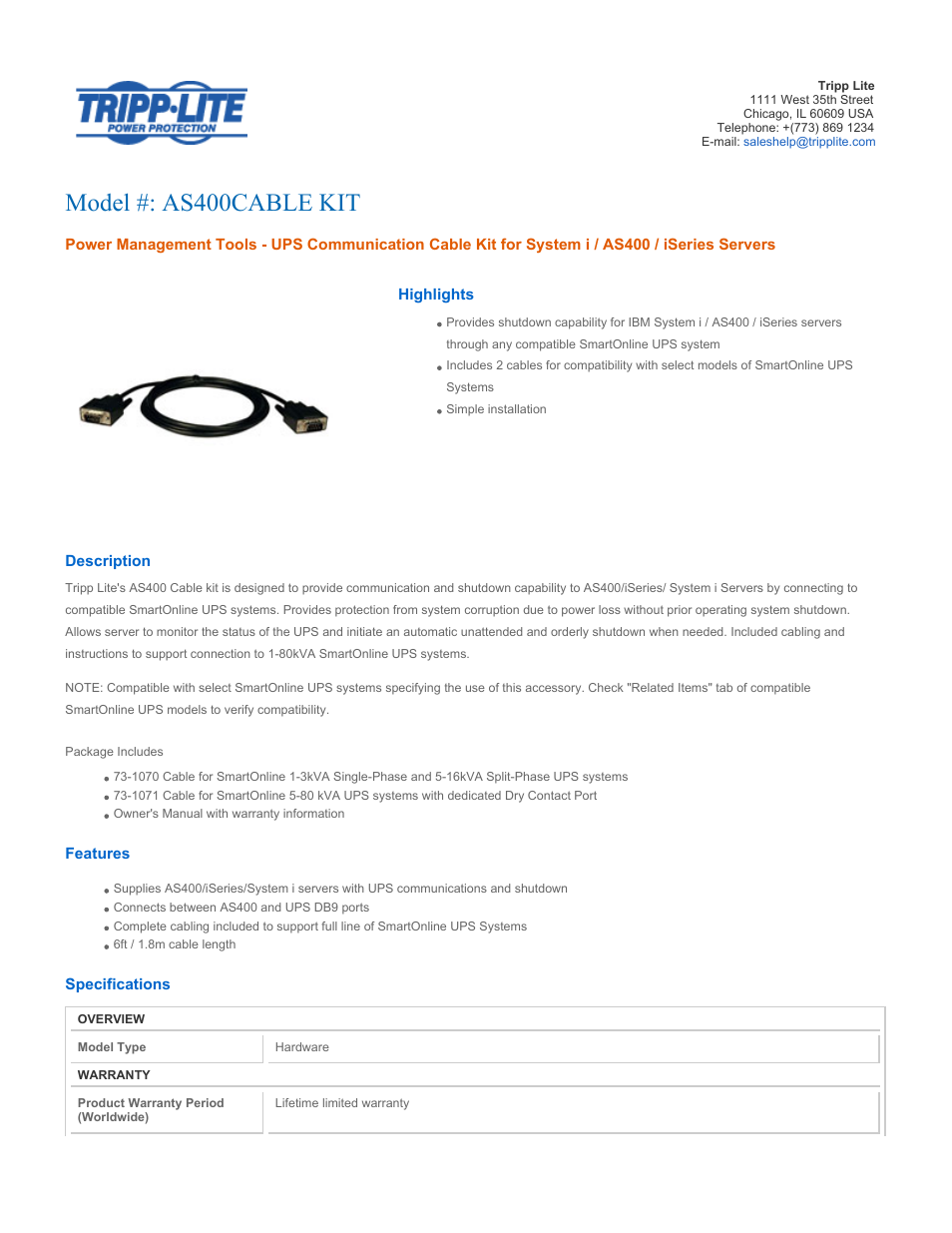 Tripp Lite AS400CABLE KIT User Manual | 2 pages