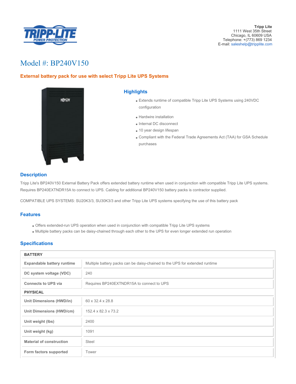 Tripp Lite BP240V150 User Manual | 2 pages