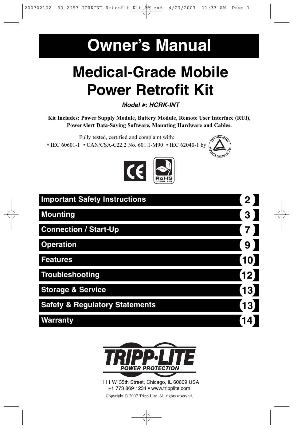 Tripp Lite HCRK-INT User Manual | 16 pages